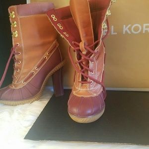 Michael Kors Burgundy and Tan Heeled Boots